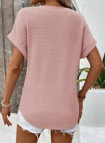 Dokotoo Cute Summer Tops for Women V Neck Short Sleeve Waffle Knit Shirts Fashion 2025 Spring Business Casual Ladies Tops and Blouses Cruise Outfits Shirts Tops for Women Apricot Pink - Image 4
