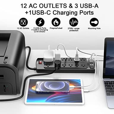Power Strip, ALESTOR Surge Protector with 12 Outlets and 4 USB Ports, 6 Feet Extension Cord (1875W/15A), 2700 Joules, ETL Listed, Black - Image 2