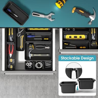 10 PCS Drawer Organizer Set, 4 Size Makeup Drawer Divider Organizer With Non-Slip Pads, Interlocking Plastic Storage Bins for Office,Jewelry Vanity,Gadgets, Bathroom,Kitchen, Black - Image 6