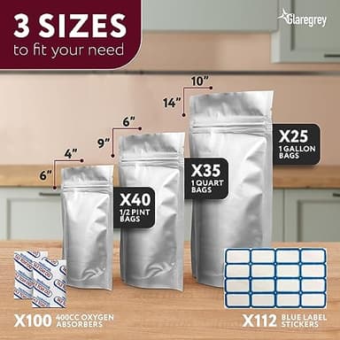 100 Pack Mylar Bags with Oxygen Absorbers - 11 MIL Thick 3 Sizes - 25x1 Gallon 35x1 Quart 40x1/2 Pint - Resealable Bags with 100 Oxygen Absorbers for Food Storage & 112 Labels, Sealable Smell Proof - Image 3