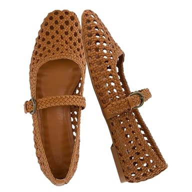 CUSHIONAIRE Weston Women’s Hand Woven Dressy Ballet Flats – Faux Leather Mary Jane with Adjustable Strap & Memory Foam, COGNAC 8 - Image 1