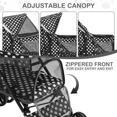 MoNiBloom 4 Wheels Pet Stroller, Easy-Fold Umbrella Shaped Dog Cat Jogger Stroller w/Storage Bag & Visible Mesh for Small/Medium Dogs Cats Black Polka Dots - Image 5