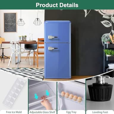 Retro Mini Fridge with Freezer 4.0 Cu. Ft, Small Refrigerator with 7 Level Adjustable Thermostat, Compact Classic Dual Door Fridge Removable Glass Shelves for Apartments, Dorm, Office, Blue - Image 6
