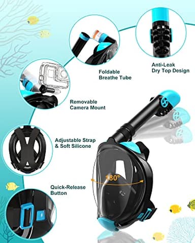 Viginsul Mask Fins Snorkeling Gear for Adults, Full Face Snorkel Mask & Adjustable Swim Fins Snorkel Set, Panoramic View Snorkel Mask Dry Top Anti-Fog Anti-Leak - Image 2
