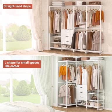 Aheaplus Wood Clothes Rack Wardrobe Closets for Hanging Clothes Heavy Duty Garment Rack, Large Corner L Shaped Closet System Organizer Walk-in Closet for Bedroom with 3 Wood Drawers, Pure White - Image 3