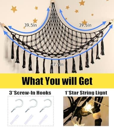 Stuffed Animal Hammock Corner Storage - Toy Hammock Net Organizer with LED Light - Tedddy Hammocks Plushie Net Holder - Black Wall Decor for Boy Living Room Bedroom - Image 7