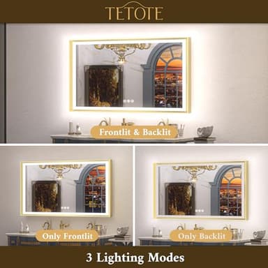 TETOTE 48x30 LED Bathroom Mirror with Lights Gold Metal Framed Front & Back Light Vanity Mirror Baroque Antifog Stepless Dimmable White/Warm/Natural,CRI90+,Waterproof,Wall Mounted(Horizontal/Vertical) - Image 3