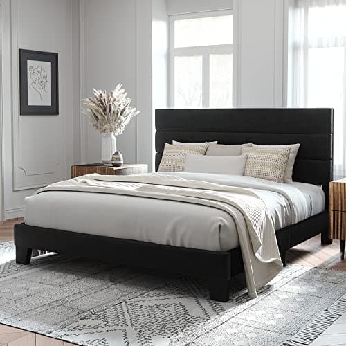 Allewie King Size Platform Bed Frame with Velvet Upholstered Headboard and Wooden Slats Support, Fully Upholstered Mattress Foundation/No Box Spring Needed/Easy Assembly, Black - Image 1