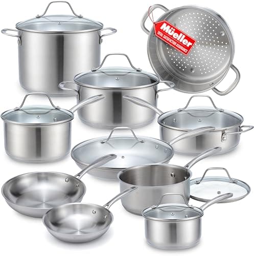 Mueller Pots and Pans Set 17-Piece, Ultra-Clad Pro Stainless Steel Cookware Set, Ergonomic EverCool Handle, Induction Cookware, Includes Saucepans, Skillets, Dutch Oven, Stockpot, Steamer For Cooking - Image 1