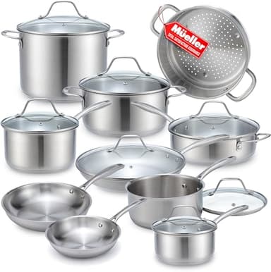 Mueller Pots and Pans Set 17-Piece, Ultra-Clad Pro Stainless Steel Cookware Set, Ergonomic EverCool Handle, Induction Cookware, Includes Saucepans, Skillets, Dutch Oven, Stockpot, Steamer For Cooking - Image 1