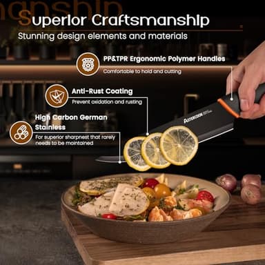Knife Set, Astercook 15 Pcs Dishwasher Safe Kitchen Knife Set with Built-in Sharpener, High Carbon German Stainless Steel Black Knife Block Set - Image 5