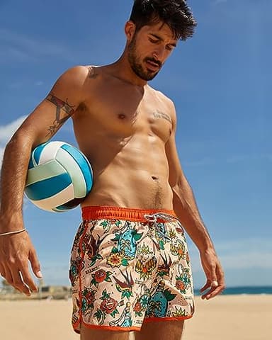 maamgic Mens Short 80s 90s Vintage Swim Trunks with Mesh Lining Quick Dry Bathing Suit Board Shorts Carnation-Swallows Medium - Image 2