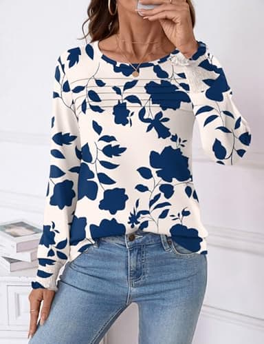 LOMON Ladies Tops and Blouses Long Sleeve Spring Tops Work Shirts for Women Tee Shirts Womens Blue Flower S - Image 2