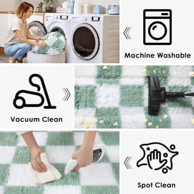 KICMOR Fluffy Sage Green and White Rugs Living Room Carpet, 5x7 Large Fuzzy Checkered Shag Area Rug for Bedroom Aesthetic, Furry Soft Plush Shaggy Rug for Nursery Kids Girls Boys Room Home Decor - Image 4