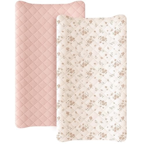 Konssy Waterproof Muslin Changing Pad Cover 2 Pack, Quilted Cotton Fitted Diaper Chang Table Cover, Soft Changing Pad Sheets for Girls Boys (Blossom,Pink) - Image 1