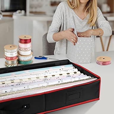 BALEINE Wrapping Paper Storage Organizer, 40" Durable 600D Oxford Fabric Gift Wrap Storage Bag with Flexible Partitions for Ribbon, Holiday Accessories (Black/Red) - Image 2