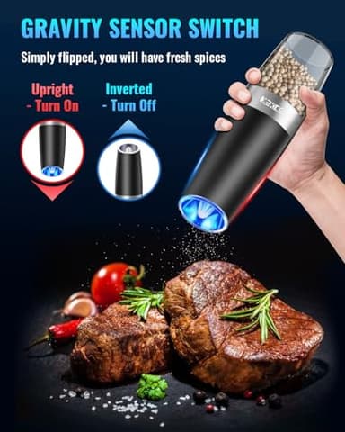 XinXu Gravity Electric Pepper and Salt Grinder Set, Adjustable Coarseness, Battery Powered with LED Light, One Hand Automatic Operation, Black -2 Pack - Image 4