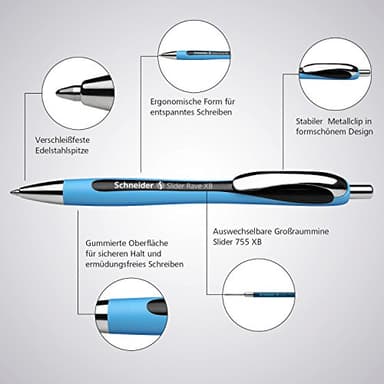 Schneider Slider Rave XB (Extra Broad) Ballpoint Pens, Refillable + Retractable, 1.4 mm, Light Blue Barrel, Blue Ink, Box of 5 Pens (132503) - Image 6