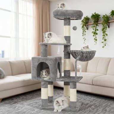 Heybly Cat Tree with Toy, Cat Tower Condo for Indoor Cats, Cat House with Padded Plush Perch, Cozy Hammock and Sisal Scratching Posts, Light Gray HCT004SW - Image 8