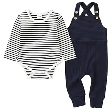 YUEMION 24 Months Baby Boy Clothes 18 Months Newborn Infant Boy Outfits 2Pcs Stripe Top Romper Pants Set 0-24 Months Overalls Toddler Boy Clothes(Navy Blue, 18-24 Month) - Image 1