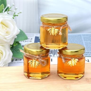 XING-RUIYANG 60 pack 1.5 oz Mini Honey Jars，baby shower favors,There's honey sticks, bee pendants, stickers and gold goodie bags，Suitable for wedding party gifts - Image 6