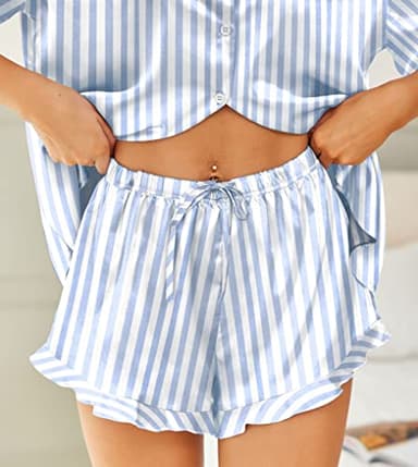 HOTOUCH Womens Silk Satin Pajamas Set Button Down Short Sleeve Sleepwear Set 2 Piece Ruffled Pjs Blue Striped, M - Image 4