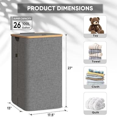 BALEINE Laundry Hamper with Lid, Tall Laundry Baskets with Bamboo Pull Handles, Large Laundry Bin with Internal Support (26 Gal/100L, Grey) - Image 3