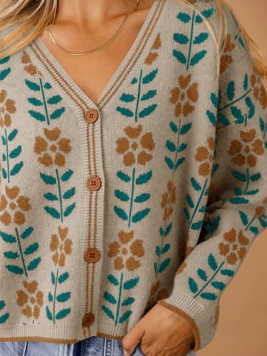 Saodimallsu Womens Floral Print V Neck Cardigan Open Front Button Down Knit Sweater Long Sleeve Loose Fashion Tops Apricot - Image 4