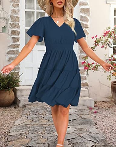 Zattcas Women 2025 Sping Summer Dress Short Sleeve V Neck Smocked Casual Flowy A Line Tiered Modest Teacher Work Graduation Wedding Guest Midi Dress Navy Blue XL - Image 4