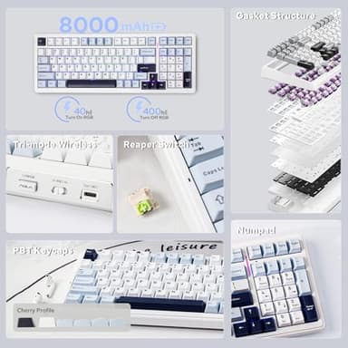 EPOMAKER x Aula F99 Wireless Mechanical Keyboard, Hot Swappable Gasket Custom Gaming Keyboard with Five-Layer Padding, Bluetooth/2.4GHz/USB-C, 8000mAh Battery (White Blue, Reaper Switch) - Image 2