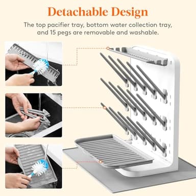 Lifewit Large Baby Bottle Drying Rack with Drain Mat, 15 Hooks Vertical Rack Dryer with Removable Pacifiers Box, Drip Tray, Space Saving Countertop Holder Organizer for Weighted Straws, Pump Parts - Image 7