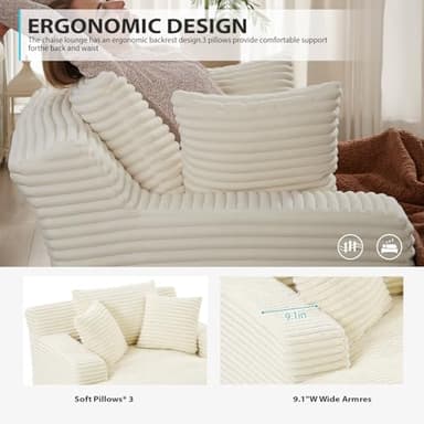 67 Inch Chaise Lounge Chair Indoor, Oversized Corduroy Upholstered Boneless Sofa Bed, Deep Seat Sleeper Couch Reading Chairs, Cloud Sofas Couches for Living Room, No Assembly Required (Beige) - Image 6