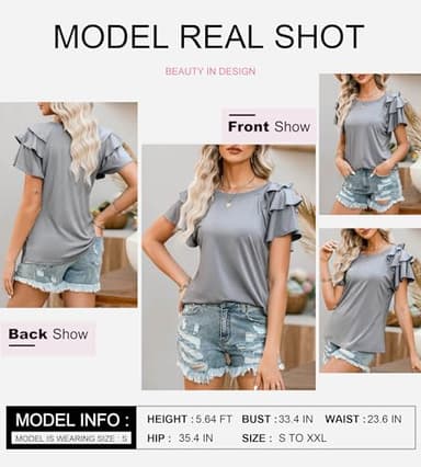 SHEWIN Womens Shirts Summer Ruffle Sleeve Crewneck Cute Ladies Tops and Blouses Grey XL - Image 4