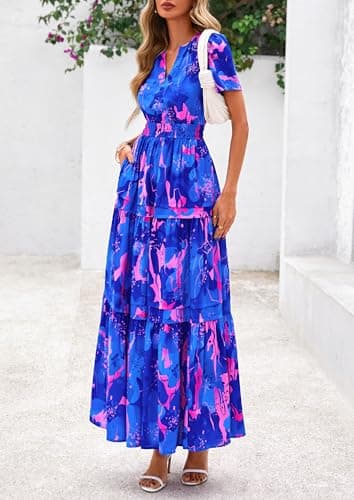 PRETTYGARDEN Women's 2025 Summer Boho Maxi Dresses Floral Short Sleeve V Neck A Line Tiered Flowy Long Beach Vacation Dress (Royal Blue,X-Large) - Image 8
