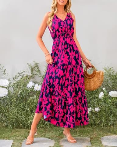 BTFBM Women Summer Dresses Casual Sleeveless Maxi Dresses Cute Floral Long Dress Wedding Guest Dress(Navy Rose Red Flower,Large) - Image 5