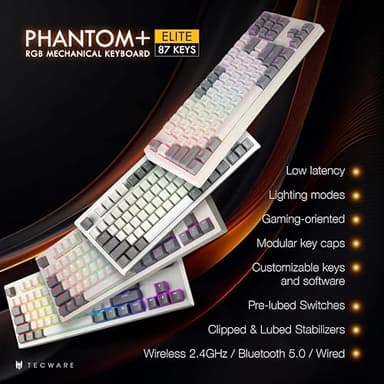 TECWARE Phantom+ Elite 87 Key RGB Mechanical Gaming Keyboard, LED Backlit, Universal Hot-Swap, Wired and Wireless, 3 Mode Connectivity, Thocky Sounding, White Elite Wraith Red - Image 2