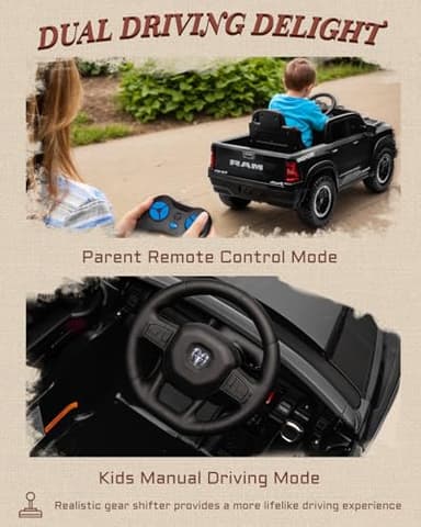 First Ride On 12V Licensed Ram 1500 Ride on Toy for Kids, Toddler Ride on Pickup Truck with Parent Remote Control, Electric Car for Kids with Truck Bed Storage, 3 Point Safety Belt (Black) - Image 4