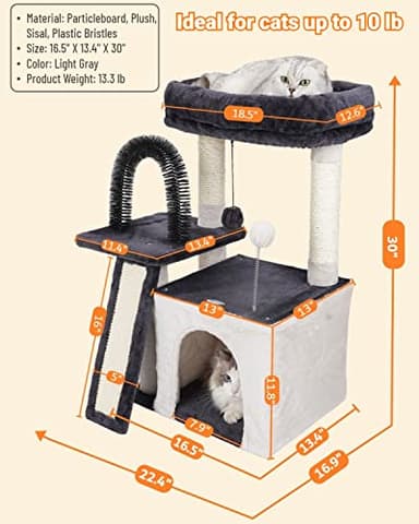 Happi N Pets Cat Tree Tower for Indoor Cats, Multi-Level Cat Tree with Scratching Posts & Condos, Cozy Cat Perch, Self Groomer and Interactive Toys, Featuring with Large Cat Cave, Light Gray - Image 3
