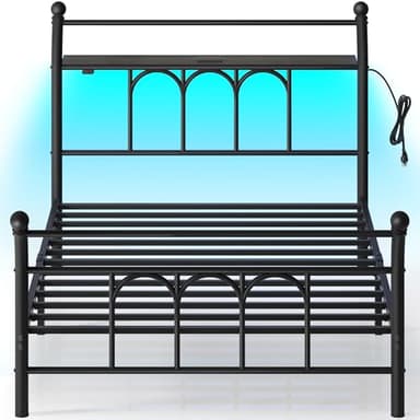Rolanstar Twin Bed Frame with USB Charging Station, LED Bed Frame with Storage Headboard, Black Metal Platform Bed with Sleigh Headboard and Footboard, No Box Spring Needed, Noise Free - Image 9