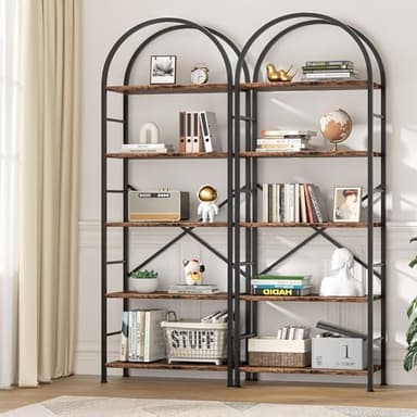 Shintenchi Bookshelf, Arched Bookshelf 5 Tier Bookcase, Tall Shelf for CDs/Books, Home Office Shelf Storage Organizer, Modern Book Shelf for Bedroom/Living Room, Rustic Brown - Image 3