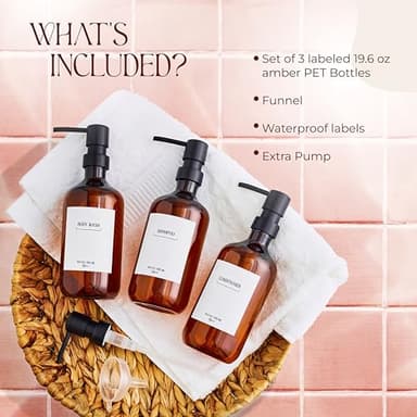 PALAKI – Shampoo and Conditioner Dispenser Set of 3 – Modern 19.6 oz Amber Shower Dispenser - Plastic Durable Containers, Space-Saving Design, Ideal for Organized Shower Experience - Image 2