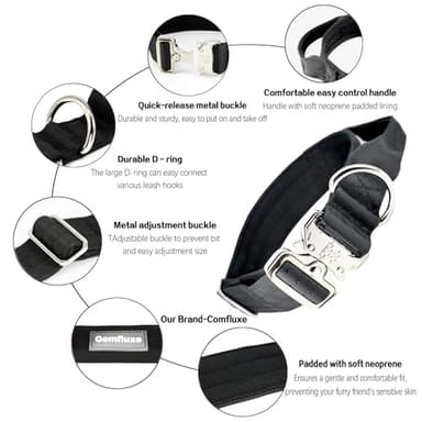 Comfluxe Tactical Dog Collar, Wide Thick Heavy Duty Dog Collar with Handle, Soft Neoprene Padded Military-Grade Nylon Training Collar with Quick Release Metal Buckle for Large Dogs(Black, M) - Image 6