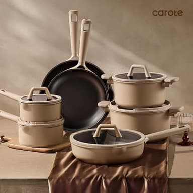 CAROTE 19pcs Nonstick Cookware Set, Pots and Pans Set Non Stick, kitchen Cooking Set, Premium Induction Cookware, Frying pan, Large Capacity Granite, Brown - Image 5