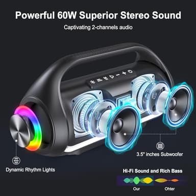 HWWR Portable Bluetooth Speaker with 2 Wireless Microphones, IPX5 Waterproof Speakers with Deep Bass & LED Lights, Loud Stereo Portable Speaker for Outdoor Indoor Home Parties Hiking Camping - Image 2