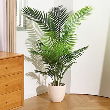 Fopamtri Artificial Areca Palm Plant 4.6 Feet Fake Palm Tree with 15 Trunks Faux Tree for Indoor Outdoor Modern Decor Feaux Dypsis Lutescens Plants in Pot for Home Office Housewarming Gift, 2 Pack - Image 4