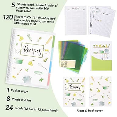 Recipe Book to Write in Your Own Recipes, 9.6’’x12.5’’ Personal Blank Recipe Notebook, Removable Recipe Journal Book Binder with 8 Dividers and 24 Tabs, Hold up to 240 Recipes - Image 2