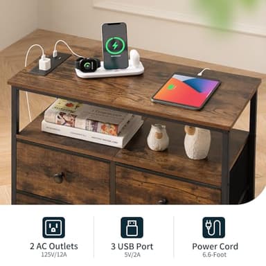 Yoobure Night Stand with Charge Station, Nightstand with 4 Drawers Bedside Table, LED Dresser with Storage Shelf, Night Stands for Bedroom, Side Table 3-Tier Wood End Table for Home Rustic Brown - Image 6