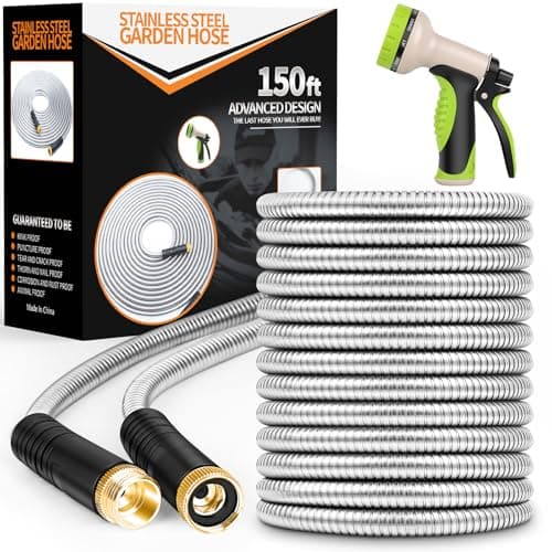 Garden Hose 150ft, Metal Stainless Steel Water Hose with 10 Function Nozzle Flexible, Lightweight, Kink-Free, Pet Proof, Puncture Proof Hose for Yard, Outdoor - Image 1