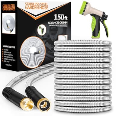 Garden Hose 150ft, Metal Stainless Steel Water Hose with 10 Function Nozzle Flexible, Lightweight, Kink-Free, Pet Proof, Puncture Proof Hose for Yard, Outdoor - Image 1