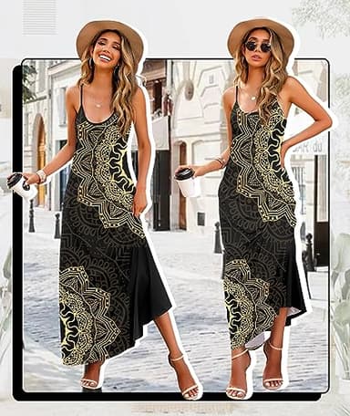 Wolddress Womens 2025 Casual Sleeveless Sundress Plus Size Loose Plain Long Summer Beach Maxi Dress with Pockets Mandala Black M - Image 4